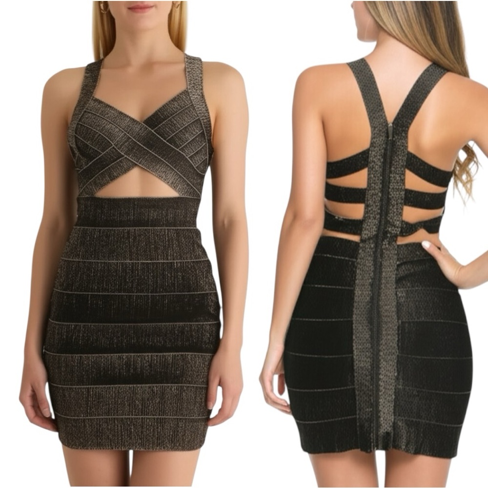 Y2K WOW Couture Bandage Metallic Cut Out Strappy Mini Dress Gold Black Cocktail